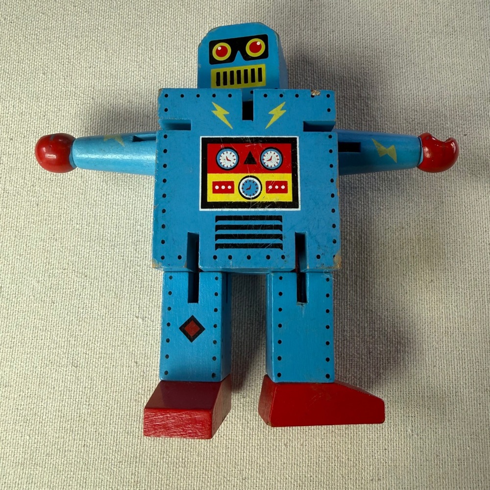 Original Toy Company Wooden Robot Blue Red Poseable Retro Toy GT304 2013 - Picture 1 of 12